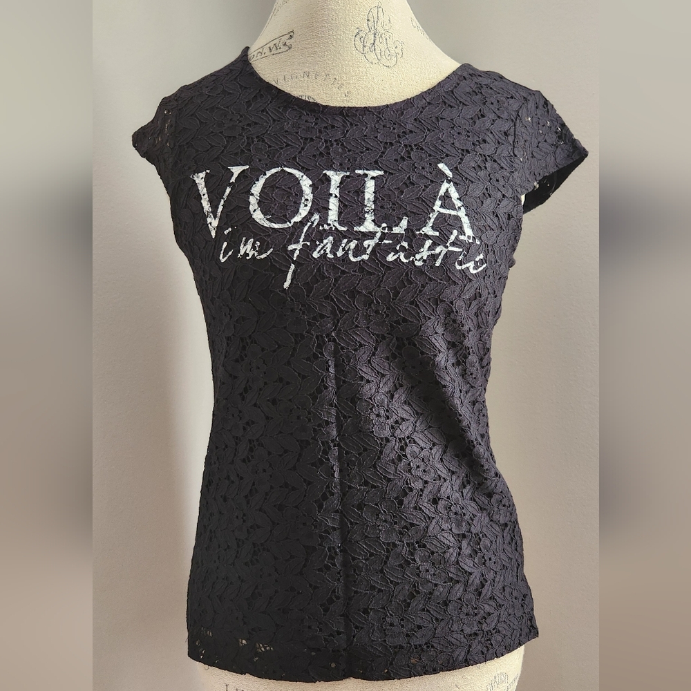 EDC black lace top with modern graphic details size S